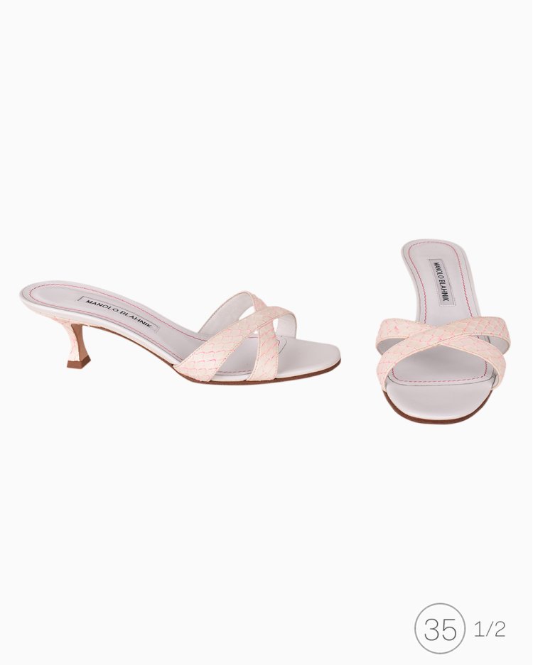 Mule Manolo Blahnik Original Píton Branca e Rosa Feminina